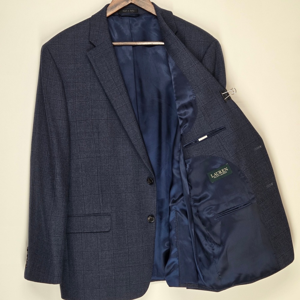 Lauren Ralph Lauren 44R Navy Windowpane Flannel Wool Sport Coat Notch Lapel